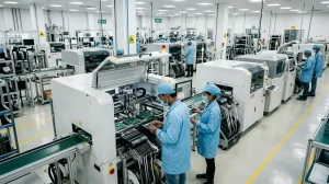 Modern electronics manufacturing facility in India with SMT production lines and engineers