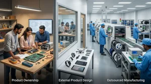 Electronics product development and manufacturing workflow comparing OEM, ODM and EMS models
