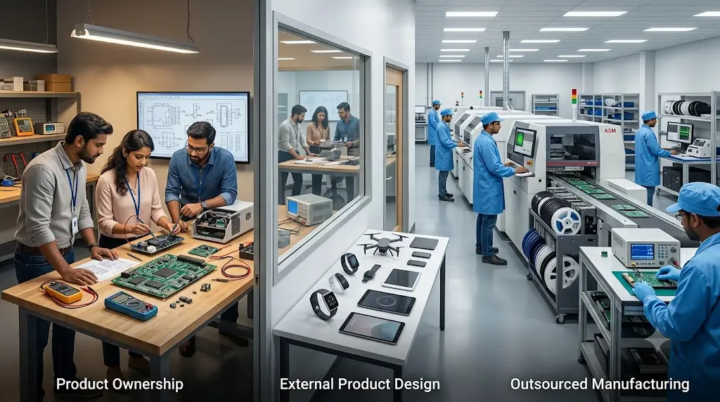 Electronics product development and manufacturing workflow comparing OEM, ODM and EMS models