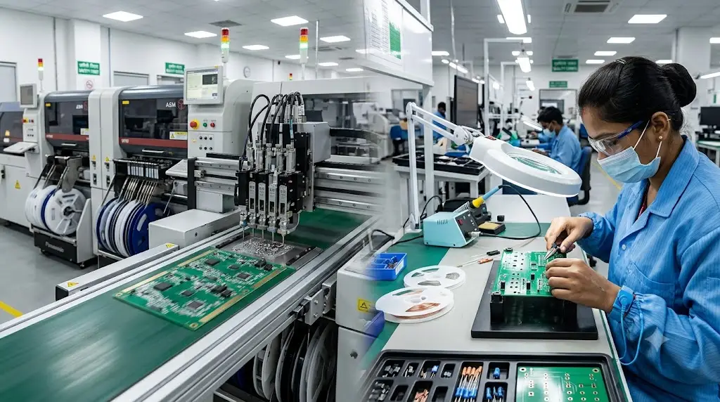 PCB assembly process showing SMT production and through-hole component insertion